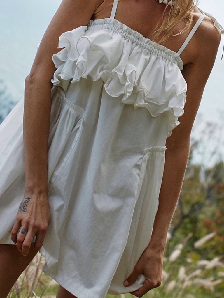 Free People White Ruffle Mini Dress With Spaghetti Straps